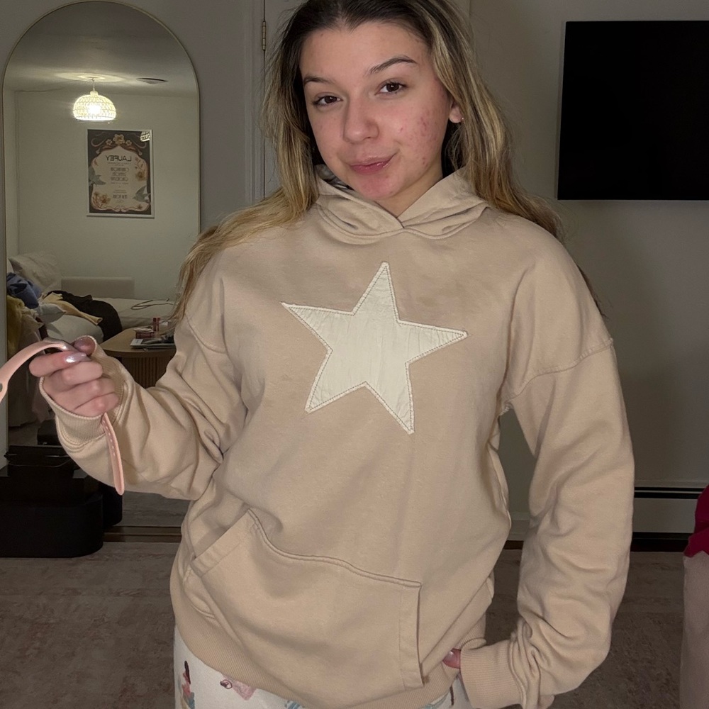 H&M Beige Star Patch Hoodie Pullover Sweatshirt Neutral
